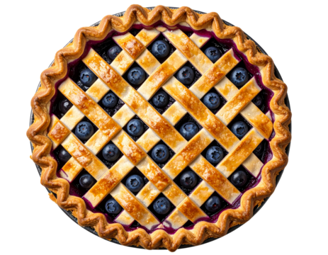 Homemade Blueberry Pie with Lattice Crust, Top View, Transparent Background