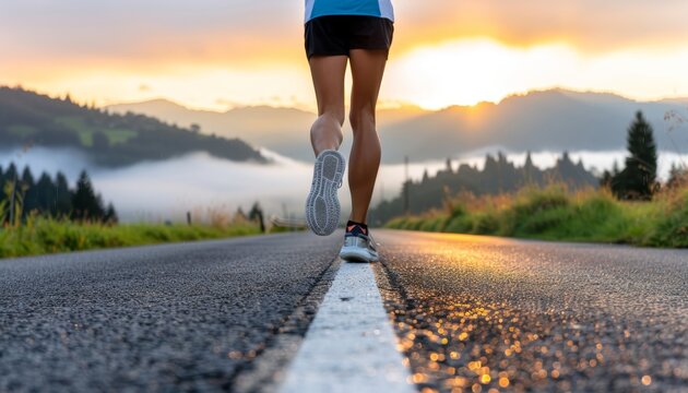 Motivational jogger running on an empty road at dawn with mist and soft sunlight for fitness