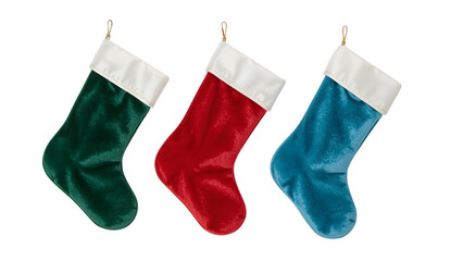 Festive Trio of Stockings: Three colorful Christmas stockings, each with a unique vibrant hue, are artfully displayed. ready to be filled with the magic of holiday cheer and the joy of giving.