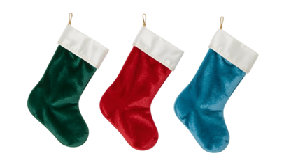 Festive Trio of Stockings: Three colorful Christmas stockings, each with a unique vibrant hue, are artfully displayed. ready to be filled with the magic of holiday cheer and the joy of giving.
