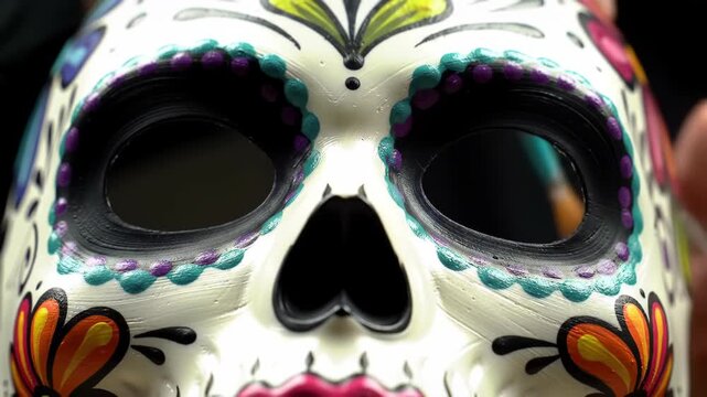 Decorative skull mask with colorful floral patterns and detailed eye sockets.