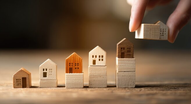 Miniature wooden houses stacked in a rising pattern