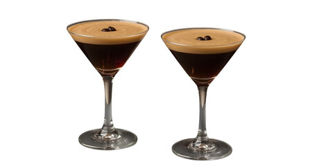 Espresso Martinis: The captivating allure of two expertly crafted espresso martinis, offering a rich blend of coffee and spirits, garnished with delicate coffee beans.