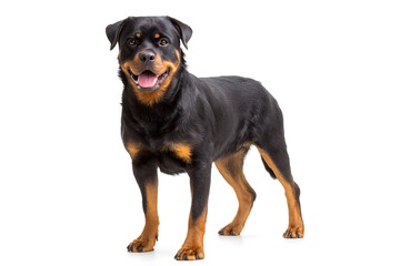 Obraz premium A happy Rottweiler dog stands with its mouth open and tongue showing.