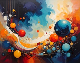 Abstract artwork of swirling colors, spheres, and intricate lines
