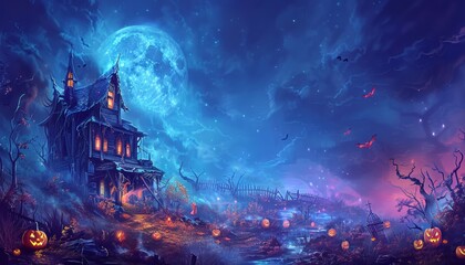 Haunting hilltop house bathed in moonlight with glowing jack o lanterns and rolling fog