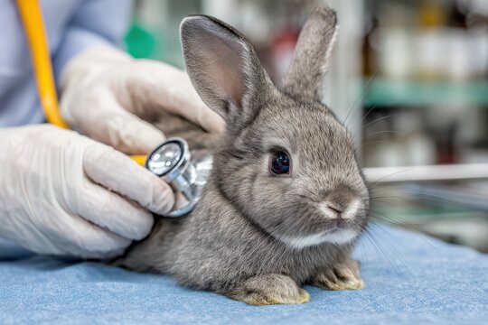 Veterinarian checks health of a rabbit at an animal clinic - Powered by Adobe