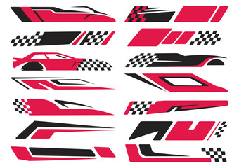 Dynamic racing stripes and abstract checkered flag decals for vehicle wraps and custom car graphics – ideal for racing themes and automotive design