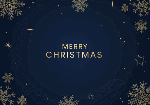 Elegant festive holiday greeting card with golden 'Merry Christmas' text, snowflakes, and stars on a dark navy blue background for seasonal celebrations