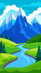 Illustration of mountains river and green landscape