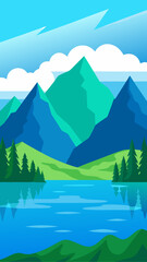 Scenic landscape with mountains lake and cloudy sky