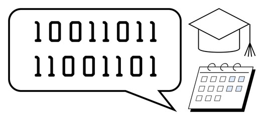 Binary code inside a speech bubble, paired with a graduation cap and a calendar. Ideal for technology, education, learning, scheduling, programming, data, and digital communication as a simple flat