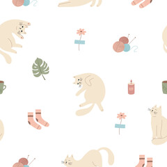 A seamless pattern with funny various cats and cozy elements. Vector background for children's textiles, clothing, or accessories.