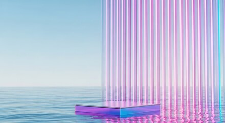 A futuristic podium floats on water, illuminated by vertical neon lights in shades of pink and blue, against a sky backdrop