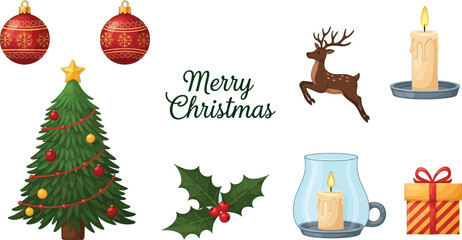 A beautiful set of Christmas icons featuring a red tree, gold star, and winter snow for a merry holiday card design and new year celebration