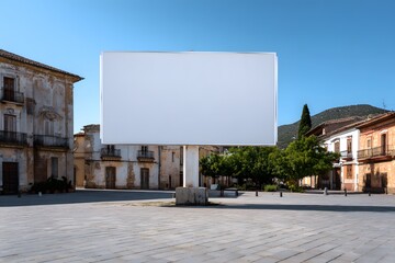 Obraz premium Billboard stands empty in town square showing old buildings under clear sky.