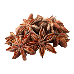 Obraz premium Aromatic, star-shaped spice. Brown, dried, pods clustered together. Edible seeds within. Viewed from above, isolated on black