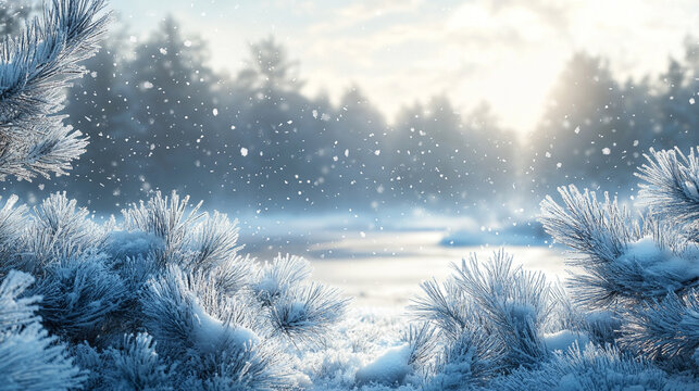 Fototapeta Winter landscape with snow covering trees and ground creating serene greeting background with copy-space perfect for seasonal cards banners social media posts and holiday designs