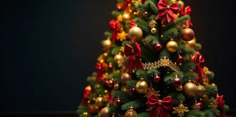 Gilded Christmas Tree Presents An opulent Christmas tree lavishly decorated with gold and deep jewel toned ornaments, sparkling with an inner glow. Beneath its branches, a collection of elegantly