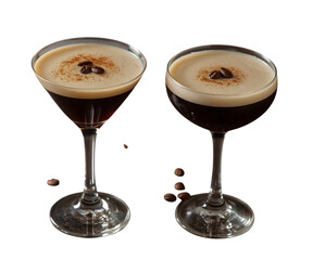 Espresso Martini Duo: Two elegant martini glasses display the rich, dark allure of espresso martinis, garnished with coffee beans. The perfect embodiment of after-dinner indulgence.