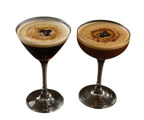 Espresso Martini Duo: A close-up shot captures two elegant glasses of espresso martini cocktails, a perfect fusion of coffee and spirits, adorned with coffee bean garnish.