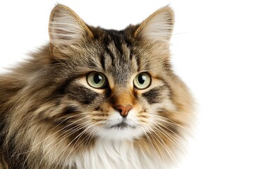 Obraz premium A furry Norwegian Forest cat looks forward on a plain white background