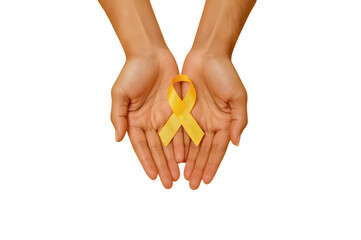 Support and Awareness: Two hands gently cradle a vibrant yellow ribbon, symbolizing solidarity, awareness, and support for a noble cause, a visual representation of compassion and hope.