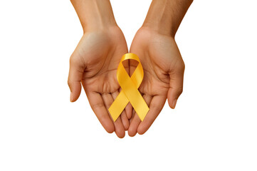 Supportive Gesture: A symbolic yellow ribbon, cradled tenderly within two open hands, representing solidarity, awareness, and hope.