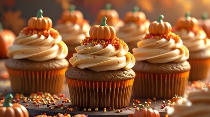 Pumpkin spice cupcakes with smooth butter cream frosting, colorful sugar sprinkles, and tiny sweet pumpkins on top, set against a warm autumnal background