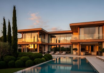 Fototapeta premium Magnificent modern villa with pool reflecting the golden sunset hour