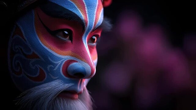 Close-up of Peking Opera Character with Facial Makeup Art and Cultural Heritage