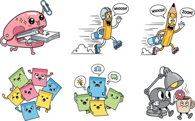 Funny Cartoon Office Supplies Vector Set: Stapler, Pencils, Sticky Notes, and Stationery Mascot Collection.