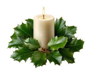 Serene Christmas candle illustration with bright flame and festive green holly leaf wreath. This traditional holiday decoration object for celebration and winter season design