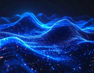 Abstract blue glowing wavy lines, digital landscape, starry night