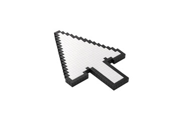Pixelated arrow cursor shown from angled perspective, black bordered white pointer with dimensional depth effect, isolated on a transparent background