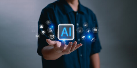 Person presenting AI technology icon with digital interface. Artificial intelligence concept for innovation, automation, data analysis and futuristic tech in business and IT development