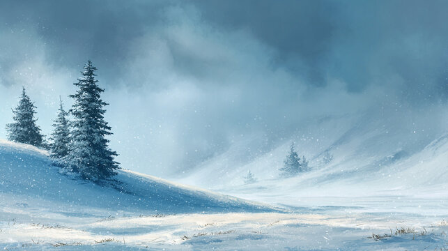 Fototapeta Winter landscape with snow covering trees and ground creating serene greeting background with copy-space perfect for seasonal cards banners social media posts and holiday designs