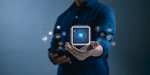 Hand presenting AI chip with digital interface icons. Artificial intelligence, machine learning, and data processing concept for futuristic technology, innovation and digital business solutions