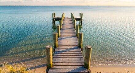 Wooden pier extending over lake and sea with blue sky and clouds