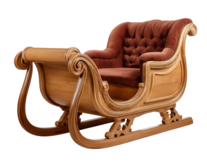 Festive wooden Christmas sleigh decoration with red velvet seat. This vintage Santa sled, isolated on transparent background, evokes magical and nostalgic holiday spirit