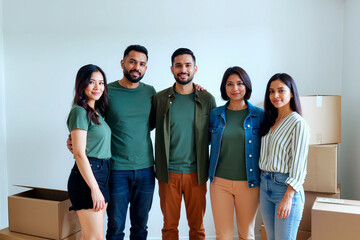 Group of young adult multiethnic men and women standing together smiling in front of cardboard boxes, posing for camera in empty room, showing teamwork and friendship during moving