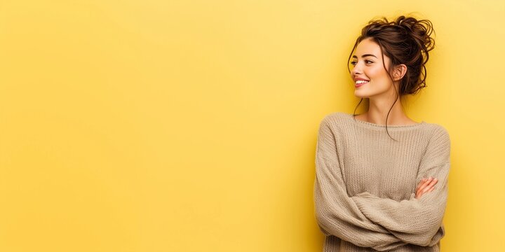 Model's head raised and looking forward,smiling,arms crossed,copy space,yellow background,banner