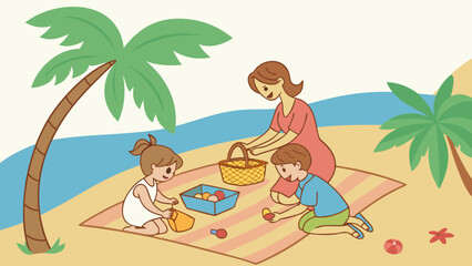 Vector art of family enjoying a picnic on the beach, a mother and two children spending time together in summer