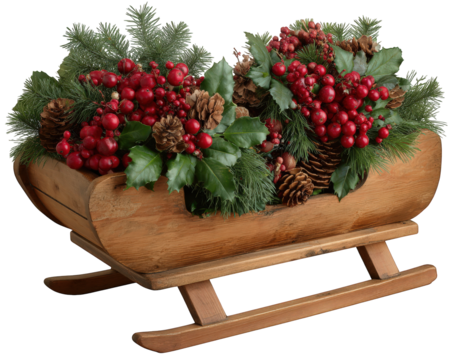 Festive Christmas sleigh decoration with red berry and pinecone. This cheerful holiday clipart ornament has rustic wooden design for seasonal and traditional celebration