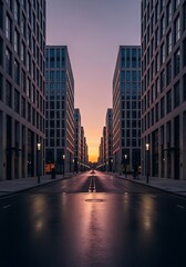 Fototapeta premium Symmetrical city street framed by modern architecture at twilight time