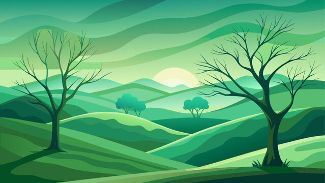Green landscape with trees and rolling hills