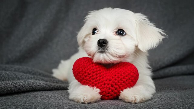 Cute maltese puppy holding a red heart in its mouth