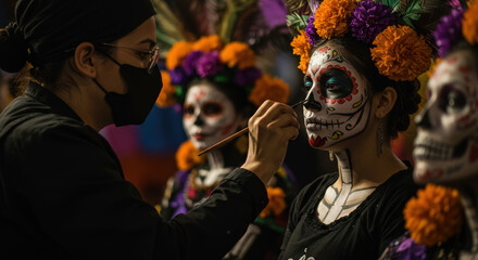 Backstage preparation shot of parade performers of Mexico's Day of the Dead celebration.