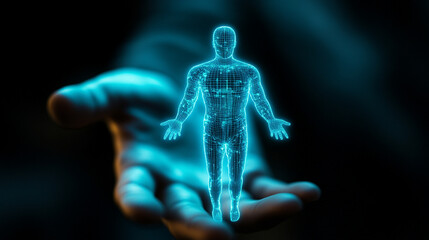 Hand holding a glowing hologram of a human worker representing futuristic technology workforce digital innovation human resources and concept of AI or virtual collaboration