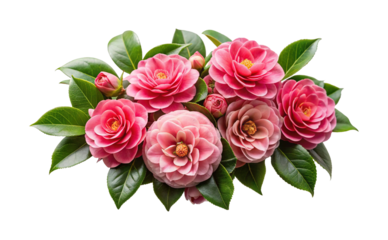 Elegant Pink Camellias Surrounded by Lush Greenery on a Transparent Background